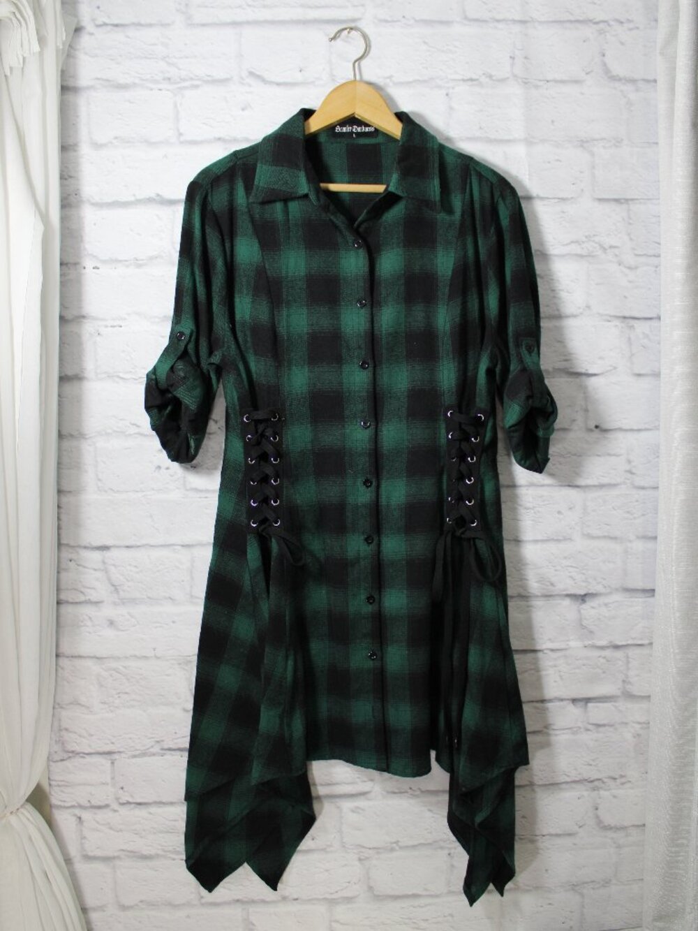 Scarlet Darkness Large Green Black Gothic Plaid Lace Up Asymmetrical Dress